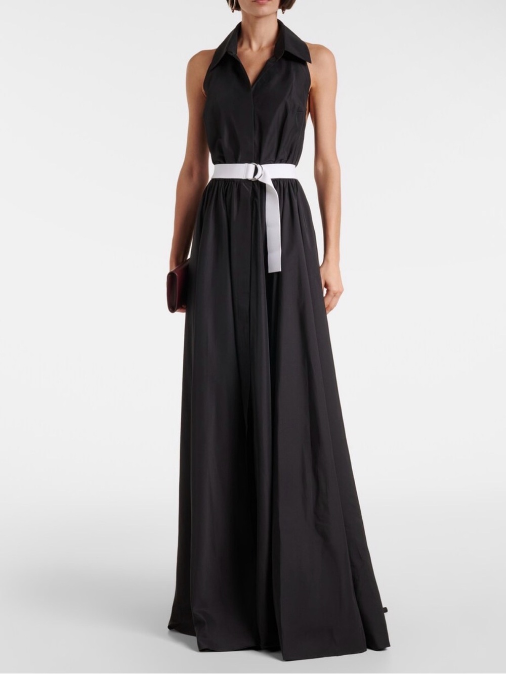 Norma Kamali Black Sleeveless Maxi Shirt Dress with White Belt